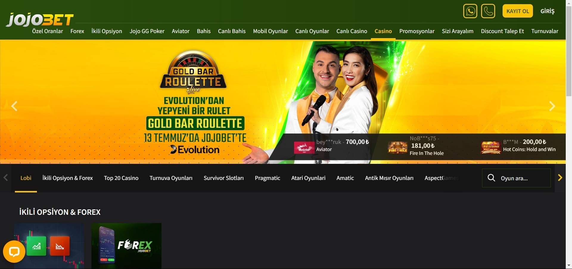 Jojobet Casino'nun resmi web sitesi